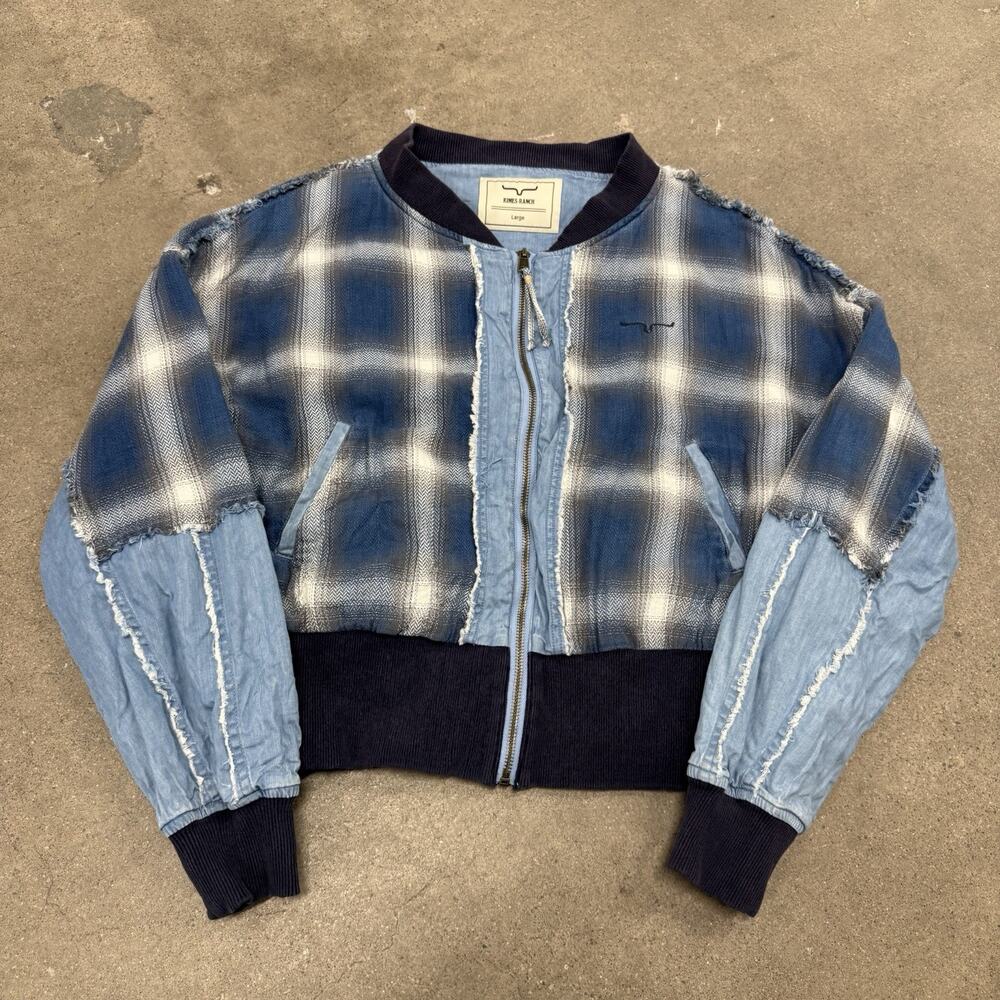 EUC XL Kimes Ranch Denim Patchwork Plaid Bomber Full Zip Jacket Western